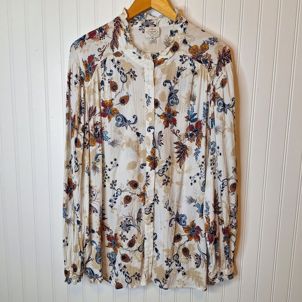 St.John's Bay Womens Size 2X Button Front Blouse Long Sleeve Cotton Rayon Ruffle